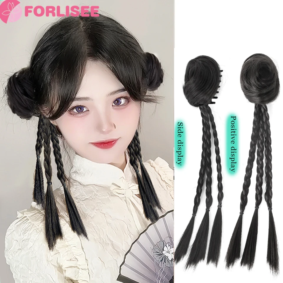 

FORLISEE Wig Braid Female Ponytail Y2k New Chinese Style Grab Clip Half Tied Ball Head Fried Dough Twists Boxing Braid Wig