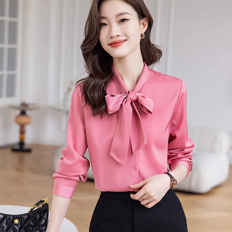 

Женская Деловая блузка с длинным рукавом, элегантная розовая рубашка в офисном стиле, одежда для работы и работы, весна-осень, Профессиональные топы