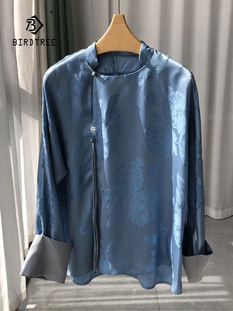 

Birdtree 55%Real Silk Traditional Chinese Style Shirt Women Contrasting Color Cuffs Long Sleeve Elegant Gentle Shirt T3D526QC