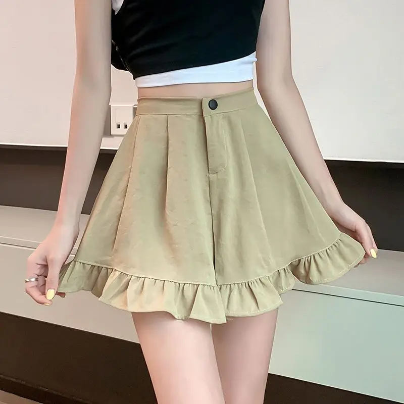 

2023 New Summer Fashion Trend High Waist Covered Belly Ruffled Hem Casual Loose Oversized Chubby MM A-line Pleated Short Skirt