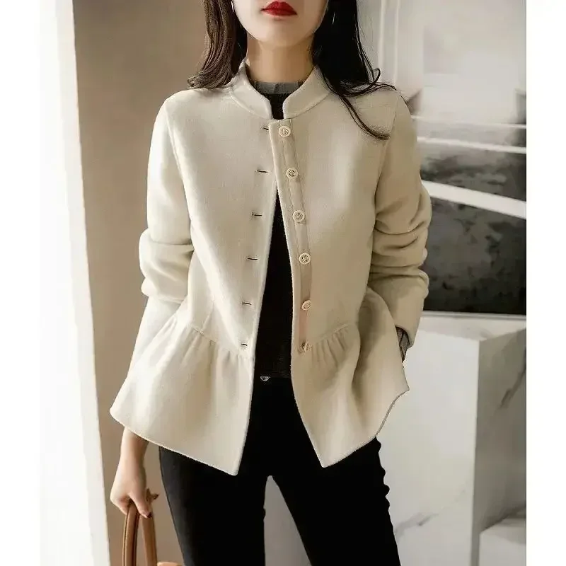 

Autumn Fashion Wool Blends Single-Breasted Lotus Leaf Pendulum Jacket Female Slim Fit Stand Collar Short Woolen Coat WomenTops