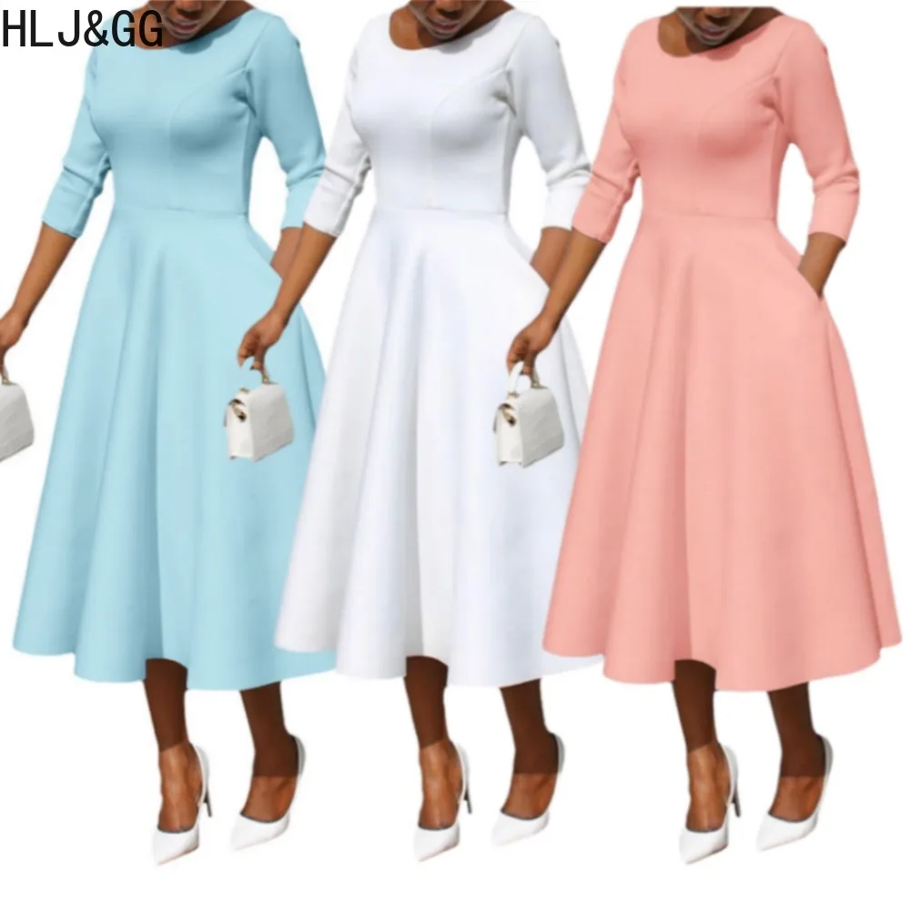 

HLJ&GG Elegant Lady Solid Color A-line Large Skirt Hem Mid Dress Women Round Neck Long Sleeve Loose Vestidos Spring New Clothing