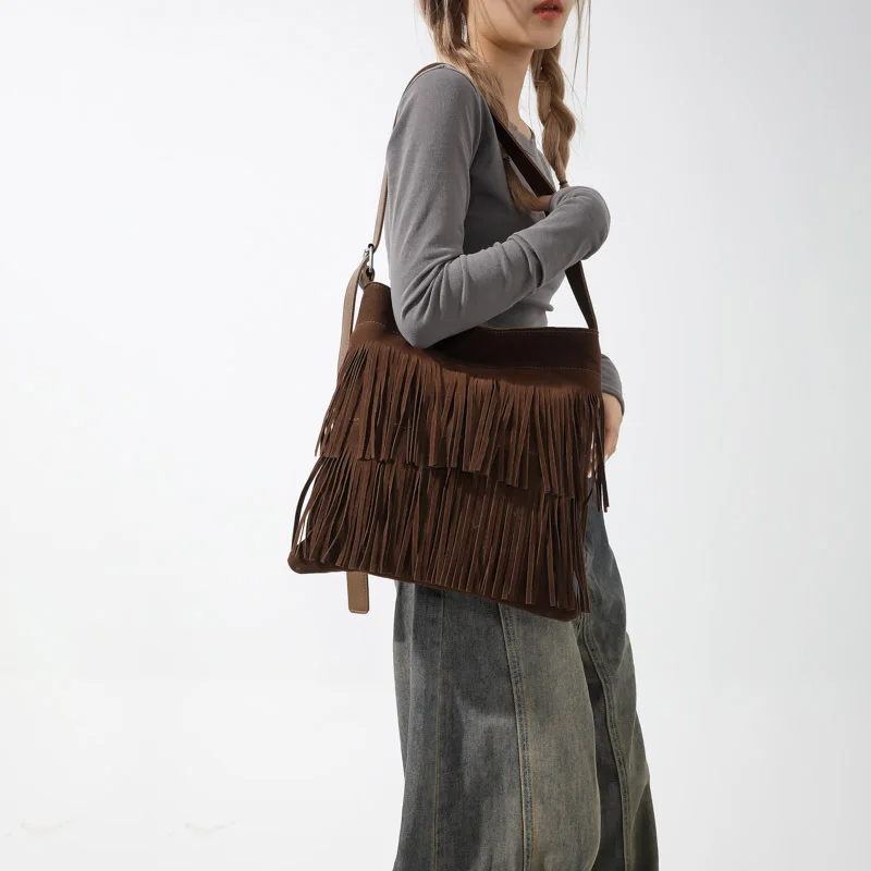 

New Designer Luxury Crossbody Bag Nubuck Leather Tassel Shoulder Bag for Women Large-capacity Lazy Wind Underarm Shoulder Bag