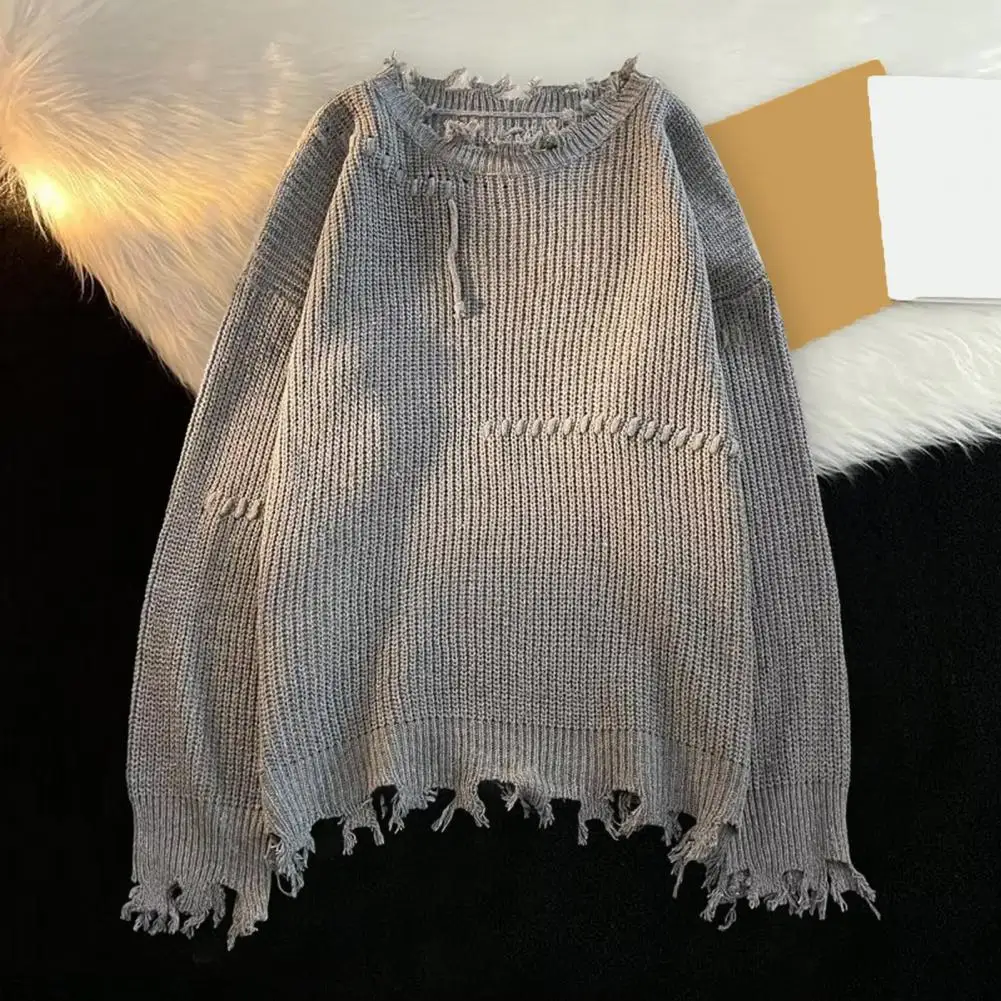 

Round Neck Sweater Men's Fringe Tassel Sweater Warm Knitted Pullover with Ripped Detail Loose Fit for Fall Winter Cozy Knitted