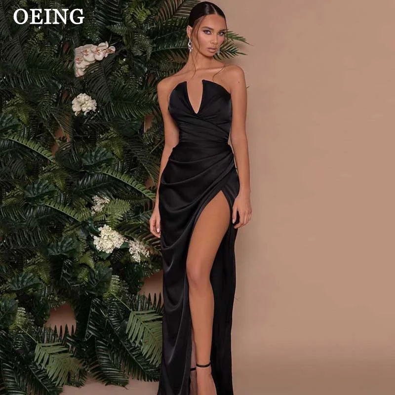 

OEING Black Prom Dress Elegant Plunging V-Neck Sleeveless High Slit Evening Dresses Special Occasion Gown Vestidos De Noche