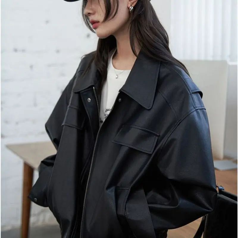 High-quality Black Pu Leather Jackets for Women 2023 New Autumn Winter Loose Strapless Leather Jacket Long Sleeve Coat
High-quality Black Pu Leather Jackets for Women 2023 New Autumn Winter Loose Strapless Leather Jacket Long Sleeve Coat