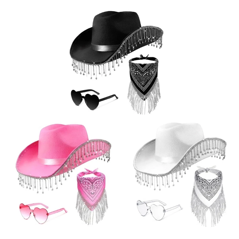 

Cowboy Cowgirl Hat for Female Men Western Top Hat Kerchief Scarf Heart Sunglasses Bachelorette Party Costume Accessories