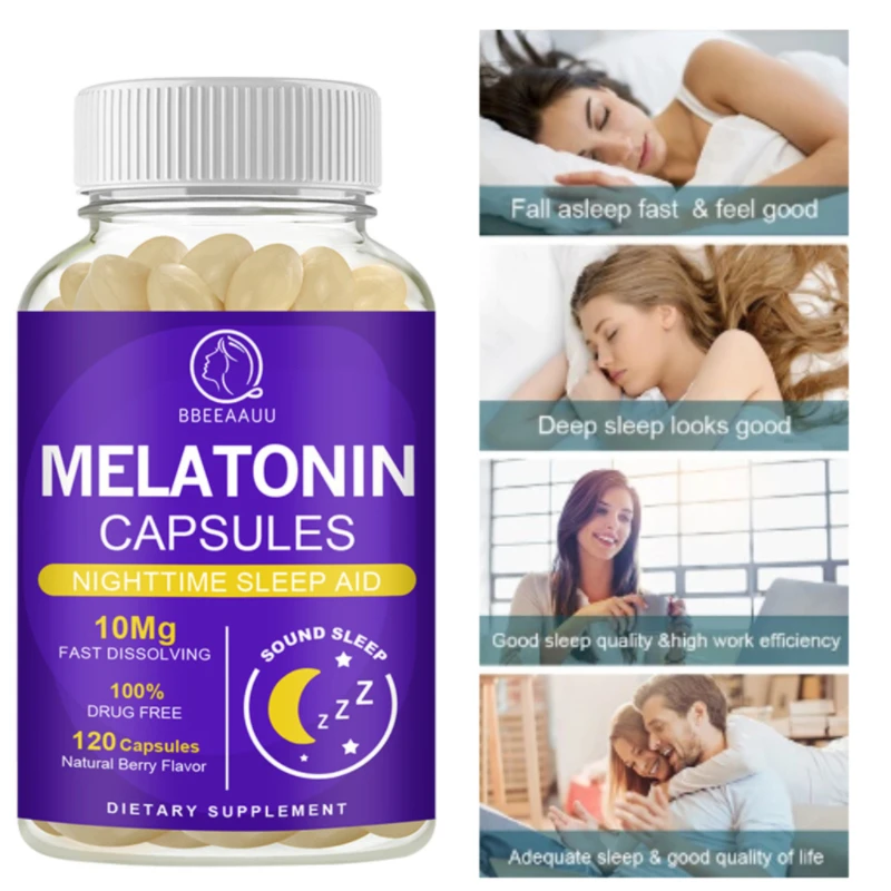 

BBEEAAUU 10mg Melatonin Capsule Sleep Supplement for Adult Insomnia Sleep Quality Relax Brain Nerves Good Mood Jet Lag