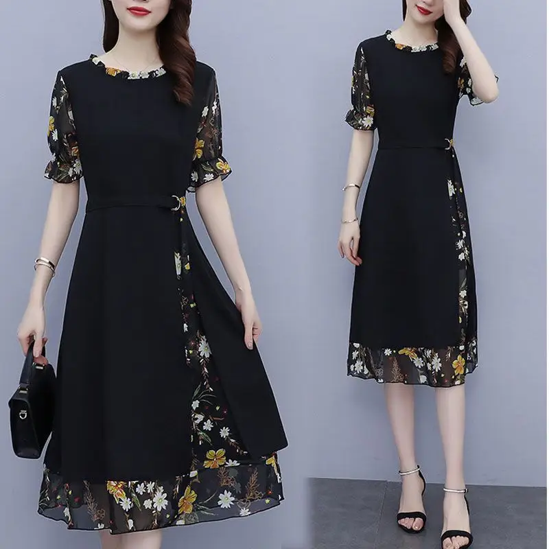 

2023 Summer Commute Printed Patchwork Dresses Women's Clothing Stylish Round Neck Sashes Split Casual A-Line Waist Midi Dress