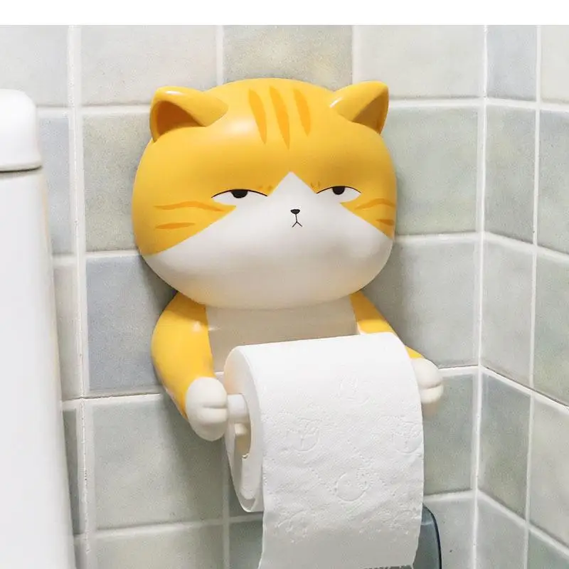 

Cute Cartoons Yellow Cat Tissue Holder Bath Roll Paper Holder Wall Hanging Tissue Holder Decoration Wall Tissue Rack Free Punch
