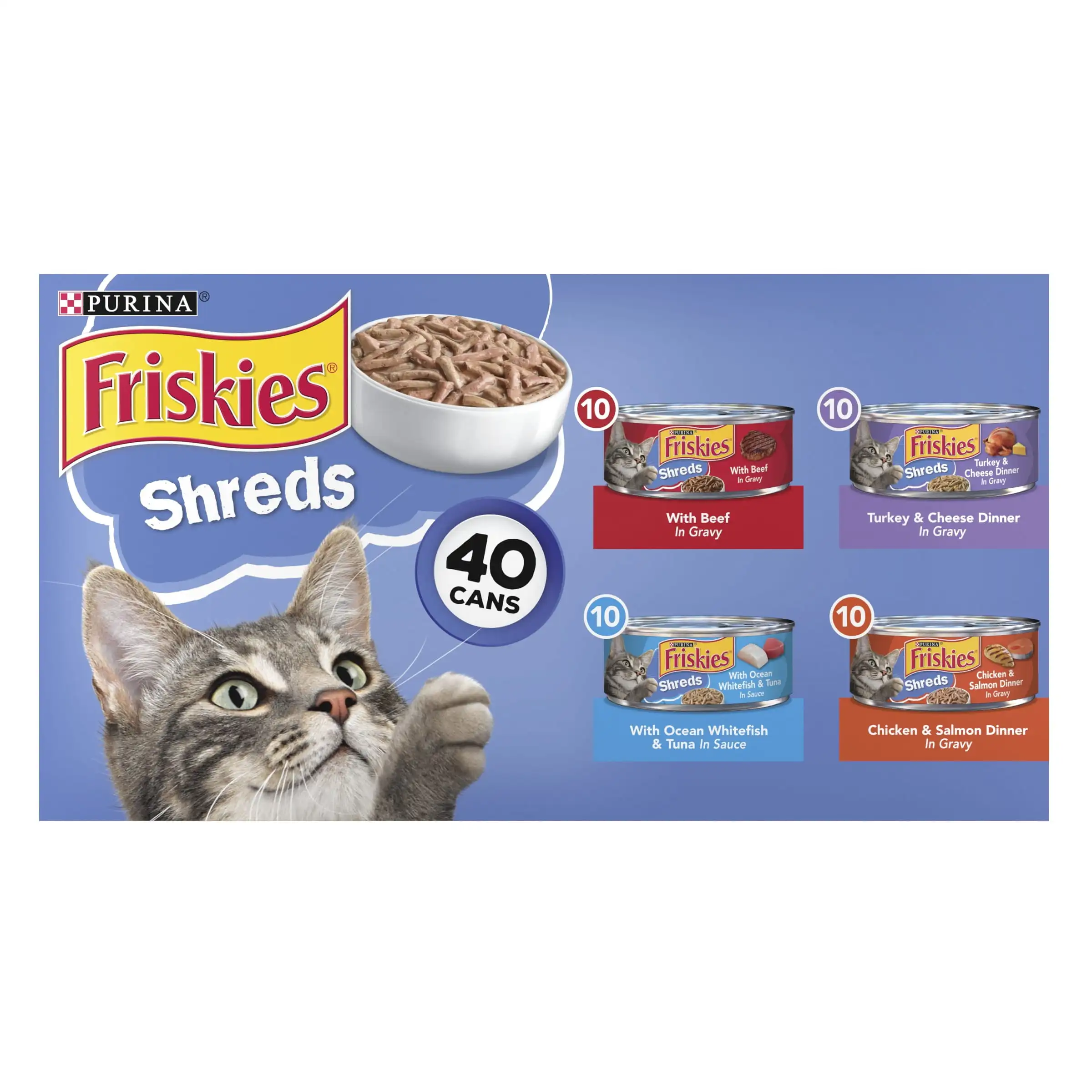 

Purina Friskies Shreds Gravy Wet Cat Food Variety Pack 5.5 oz Cans (40 Pack) thin tender pieces complete and balanced