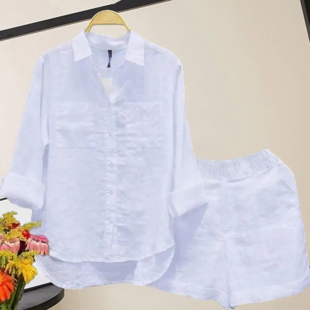 

Ladies Suit Women's Casual Shirt Shorts Set with Long Sleeves Elastic Waist Patch Pockets Solid Color Loose Fit Outfit for Fall