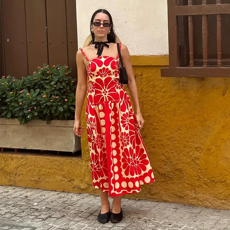 

Платье женское длинное с цветочным принтом, элегантный наряд для отпуска, модный винтажный Красный сарафан без рукавов, лето 2024