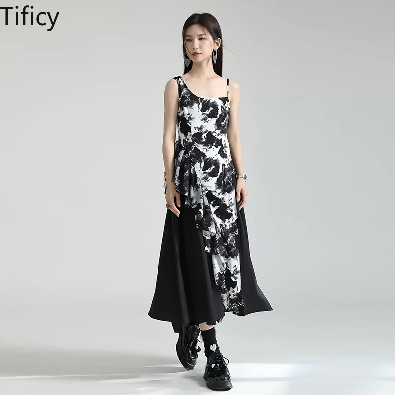 

TIFICY Ink Tie Dyed Slip Dresses Women's Summer Splicing Black Split Slim Streetwear Dress