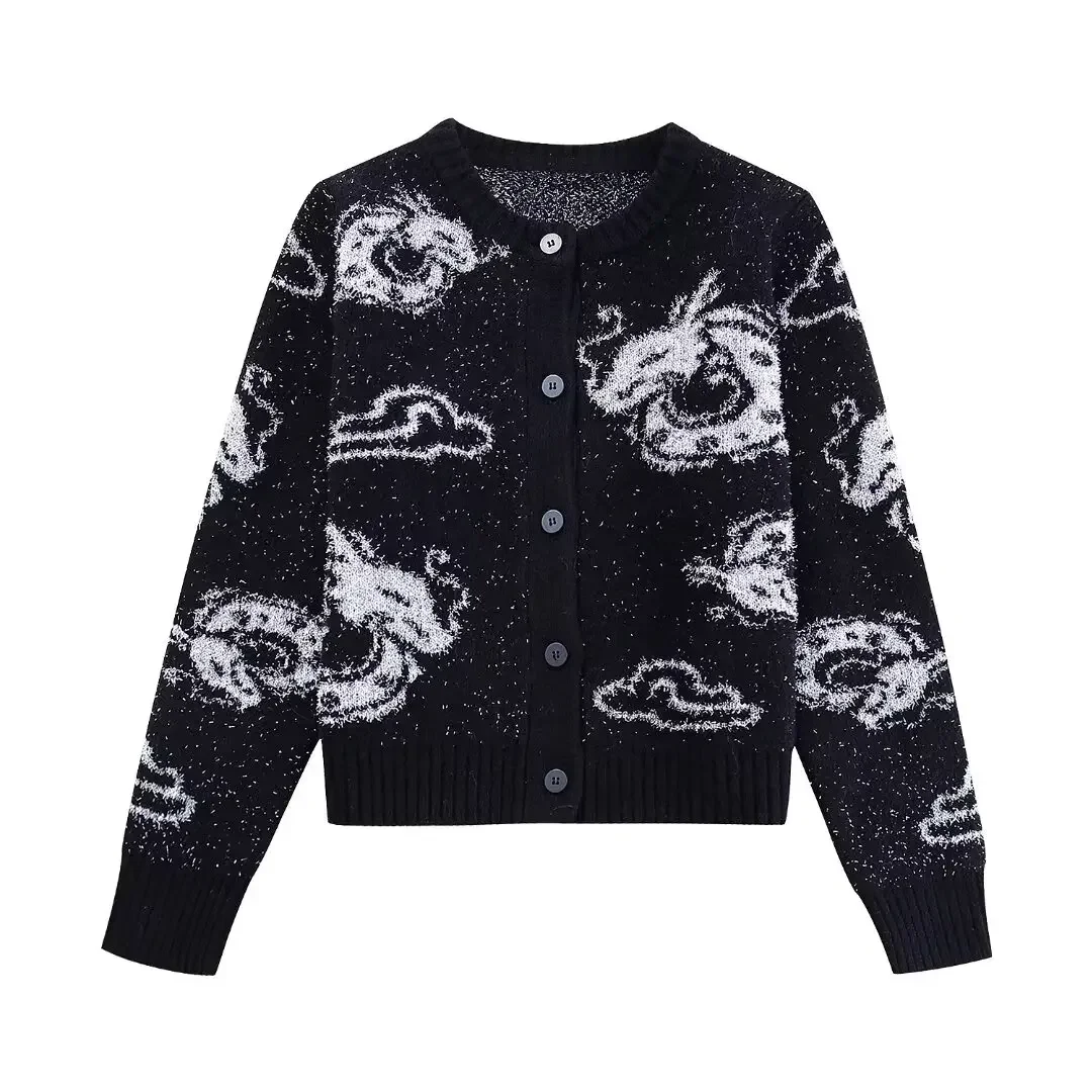 

Women New Fashion Animal jacquard decoration Cropped Cardigan Sweater Vintage Long Sleeve Button-up Female Outerwear Chic Tops