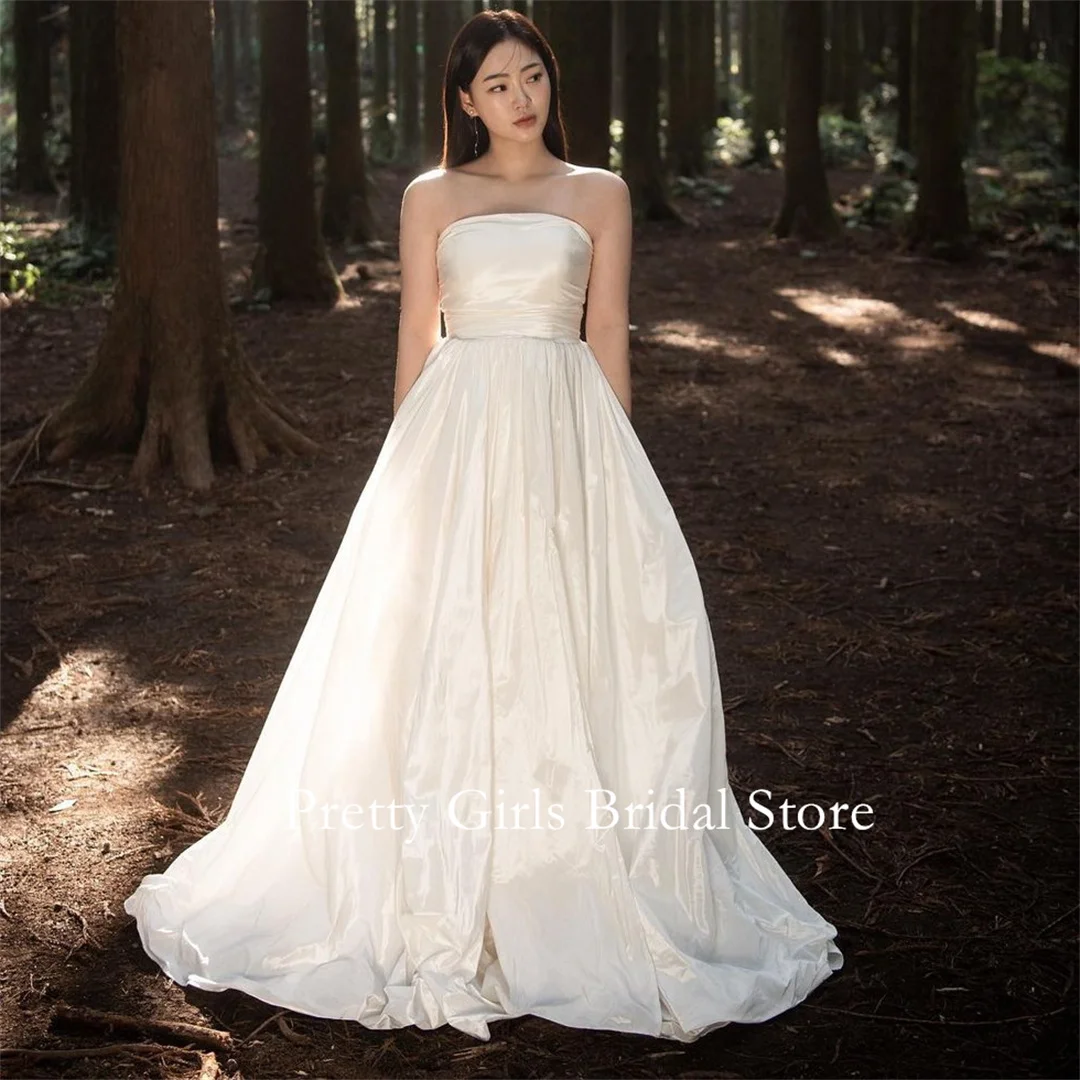 

OEING Strapless Korea Garden White Wedding Dresses Taffeta 프롬드레스 Ruched Corset A-Line Elegant Bride Growns Party Women
