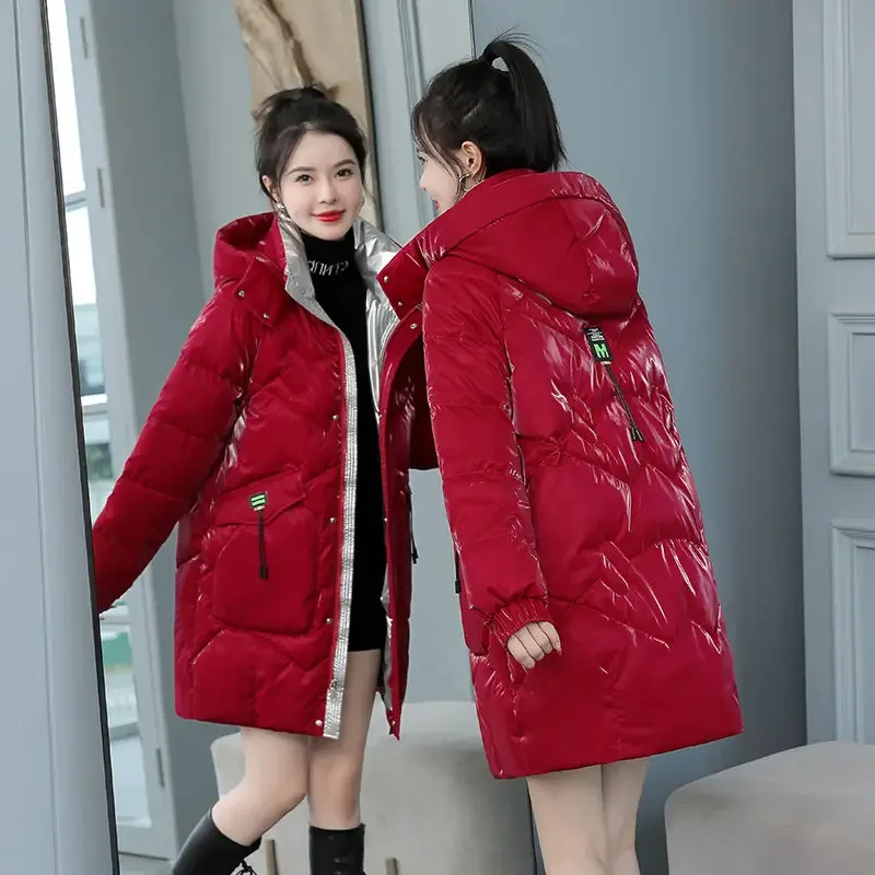 

Zip-up Parka Female Coats Long Padding Black Thick Overcoat Women's Jacket Printing Hoodie Duck Down Quilted Padded Heavy Korea