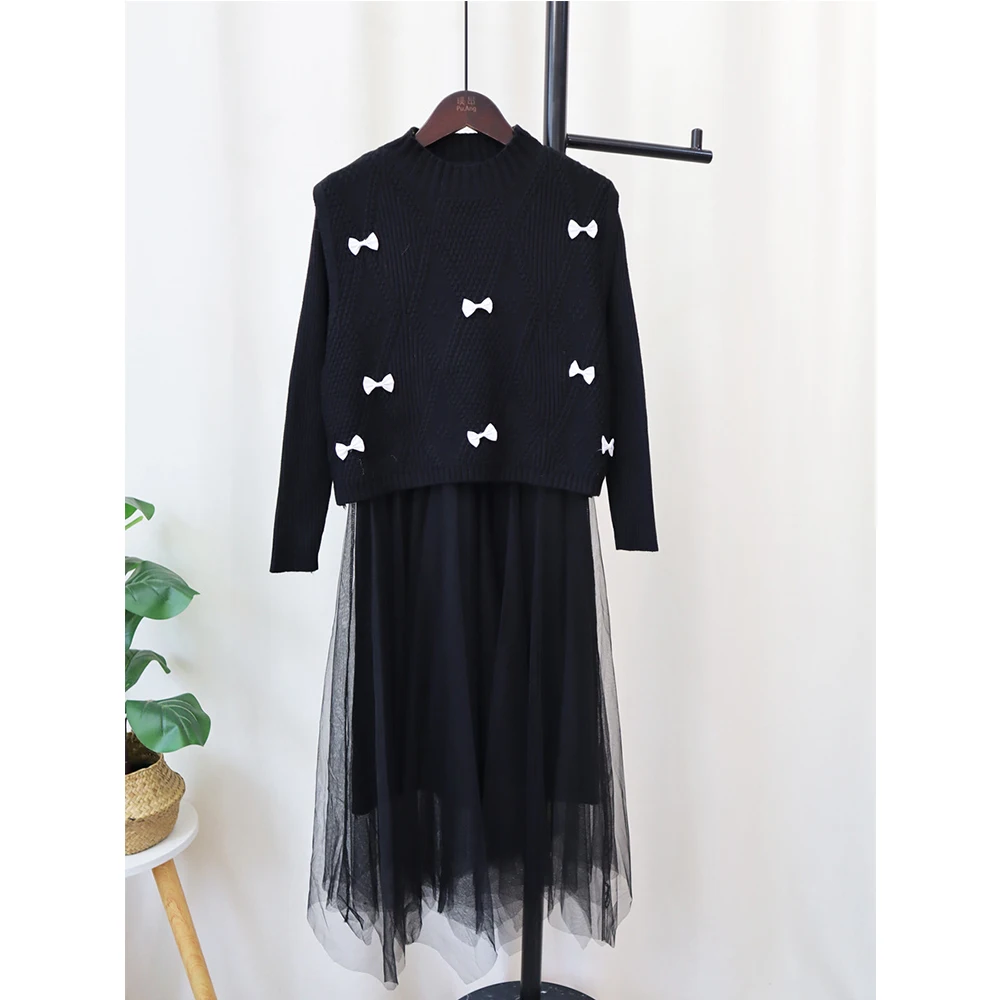 Spring Autumn Women Elegant Black Dress Sets Sleeveless Bow Knitting Vest+Full Sleeve Slim A-Line Mesh Vestidos Two Pieces Suits
Spring Autumn Women Elegant Black Dress Sets Sleeveless Bow Knitting Vest+Full Sleeve Slim A-Line Mesh Vestidos Two Pieces Suits
