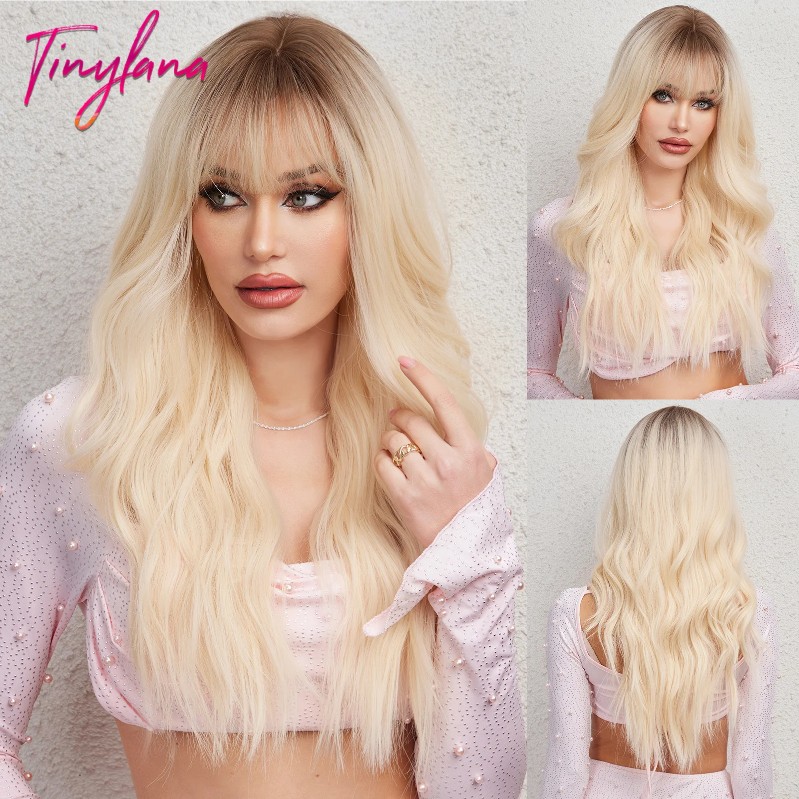 

Platinum Blonde Long Wavy Ombre Brown Synthetic Wigs with Bangs Cosplay Party for Women Afro Lolita Natural Heat Resistant Fiber