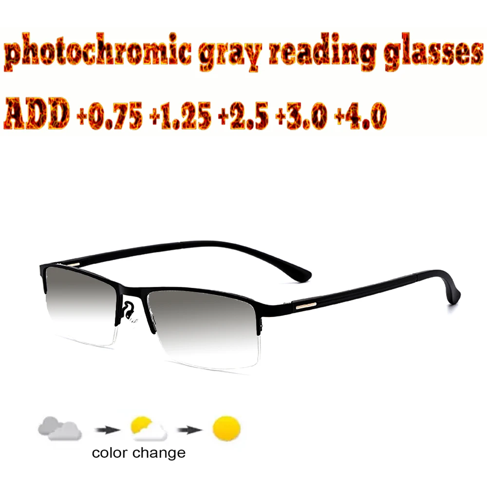 

Business Men's Halfrim Photochromic Gray Reading Glasses Comfortable Alloy High Quality +1.0 +1.5 +1.75 +2.0 +2.5 +3 +3.5 +4