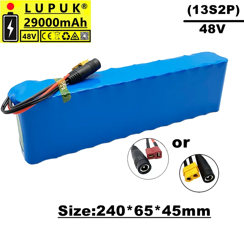 Lupuk-13s2p, 29AH,48V lithium ion battery pack,1000 watts,XT60 plug or T plug,built-in BMS,suitable for eBike electric bicycle
Lupuk-13s2p, 29AH,48V lithium ion battery pack,1000 watts,XT60 plug or T plug,built-in BMS,suitable for eBike electric bicycle