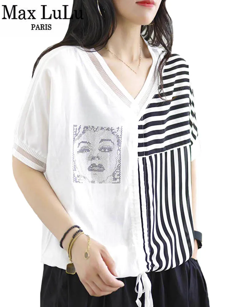 

Max LuLu 2022 Luxury Casual Style Clothes Summer New Womens Patchwork Printed Striped Tee Shirts Elegant Loose Short Sleeve Tops
