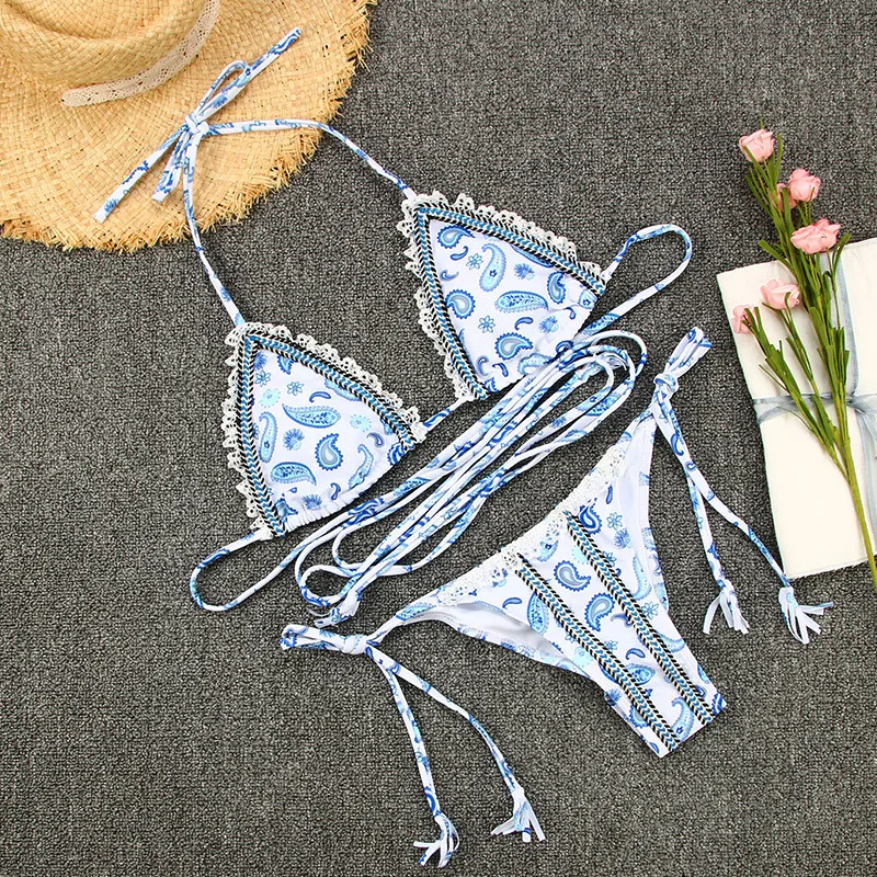 

Women's 2 Piece Print Triangle Bikini Sets Criss Cross Halter Lace Top Boho Tie Swimsuits