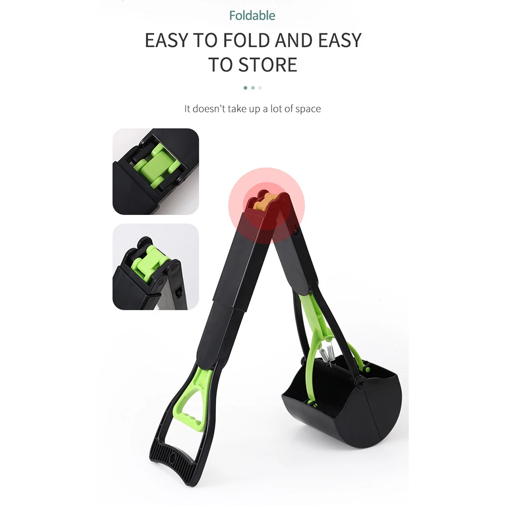 Dog Poop Scooper | Jaw Clamp Heavy Duty Poop Scooper A foldable black and lime green pet pooper scooper shown in a partially folded V-shape. Two inset images demonstrate the heavy-duty plastic hinge mechanism in close-up detail, highlighting the "Easy to fold and easy to store" feature.