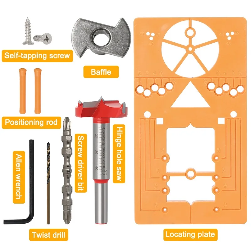 

35mm Adjustable Hinge Hole Drilling Guide Locator Kit Hinge Drilling Jig Drill Bits Woodworking Door Hole Opener Cabinet Tools