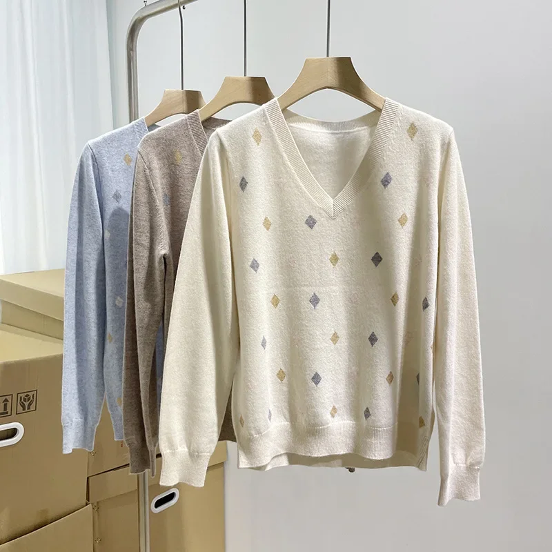 Colorful Argyle Jacquard Sweater For Women Autumn V-neck Long Sleeve Cashmere Jumper
Colorful Argyle Jacquard Sweater For Women Autumn V-neck Long Sleeve Cashmere Jumper