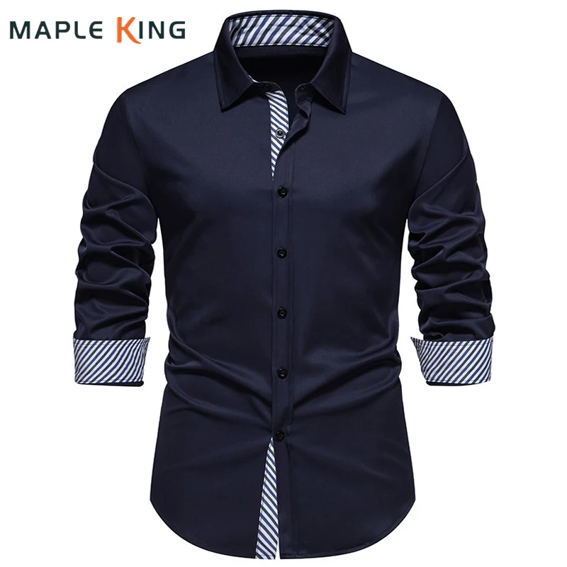 

Soild Blusas Estampadas Shirts for Men Long Sleeve Striped Patchwork Color Business Social Camisas Mens Dress Shirt Chemise Tops