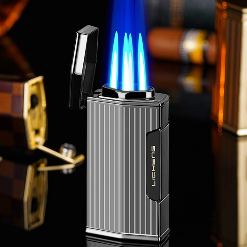 

Powerful 4 Flame Cigar Lighter with Punch Refillable Butane Torch Lighter Visable Gas Tank Cigarette Lighter Smoking Accessories