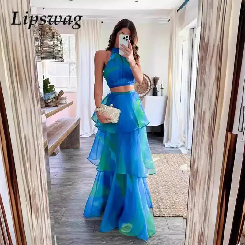 

Elegant Print Mesh Temperament Two-Piece Summer Halter Top Sleeveless Top And Long Skirt Set Fashion Layered Cake Party Outfit