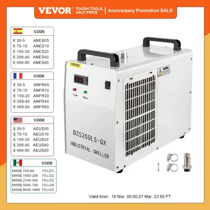 VEVOR CW5200 Pro Industrial Water Chiller for 130/150W CO2 Engraver Cutting Machine CNC Glass Laser Tube 6L Cooling Tank 1400W
VEVOR CW5200 Pro Industrial Water Chiller for 130/150W CO2 Engraver Cutting Machine CNC Glass Laser Tube 6L Cooling Tank 1400W