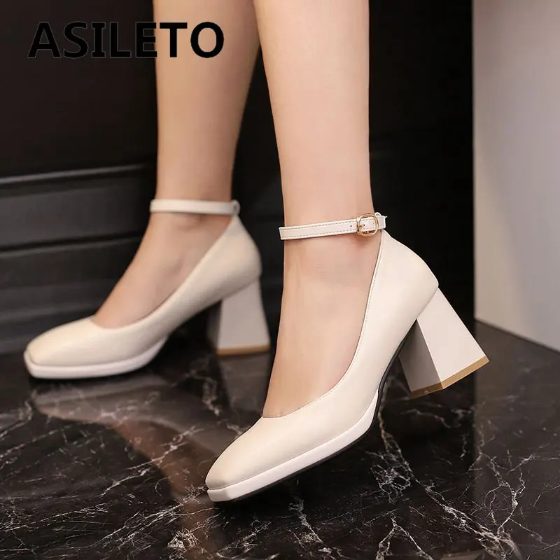 

ASILETO Women Pumps Square Toe Block Heel 7cm Platform 1.5cm Buckle Strap Concise Soft Dating Female Shoes Large Size 46 47 48