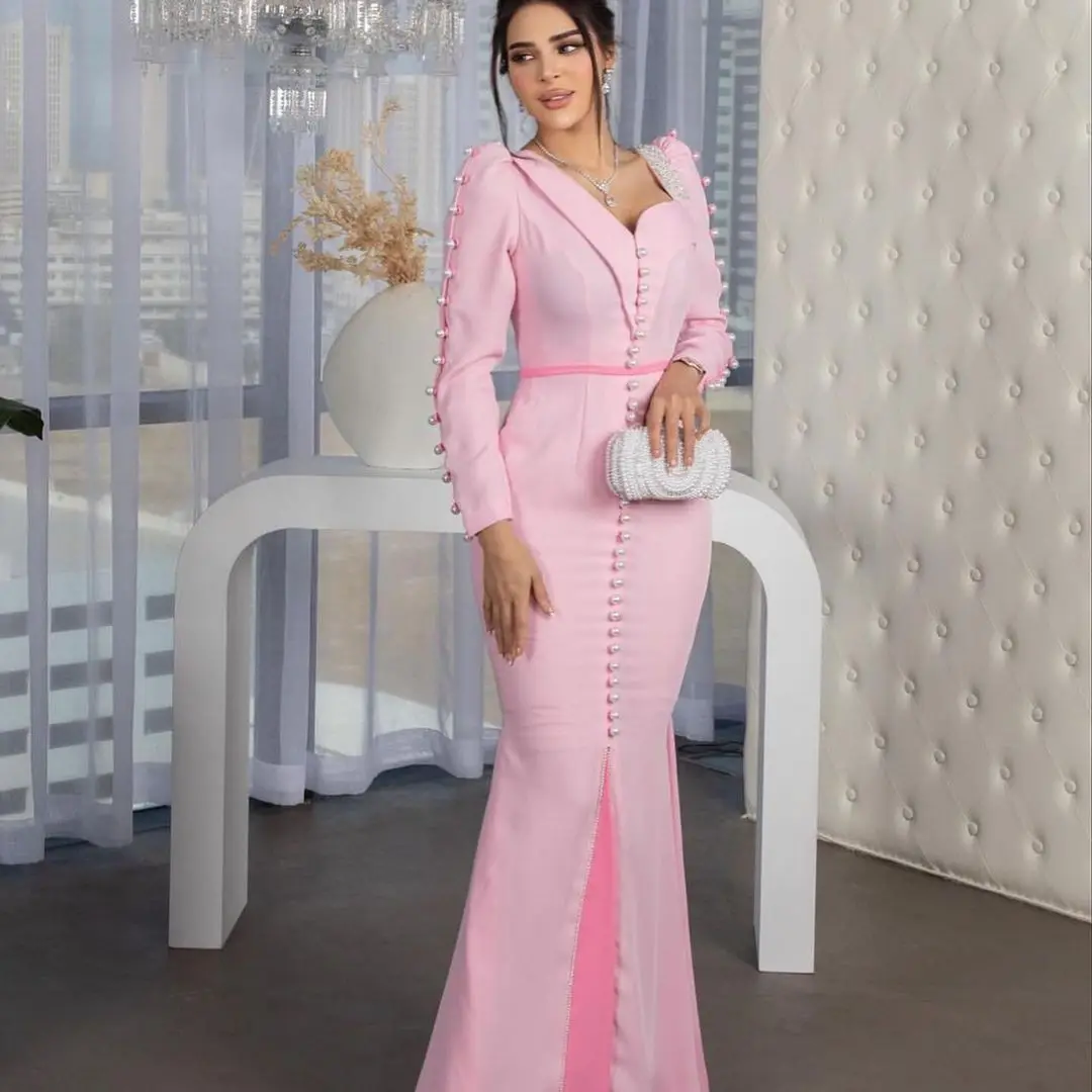V Neck Pink Mermaid Prom Dresses Long Sleeves Beaded Floor Length Luxury Evening Dresses Saudi Arabia Women's Wedding Party
V Neck Pink Mermaid Prom Dresses Long Sleeves Beaded Floor Length Luxury Evening Dresses Saudi Arabia Women's Wedding Party