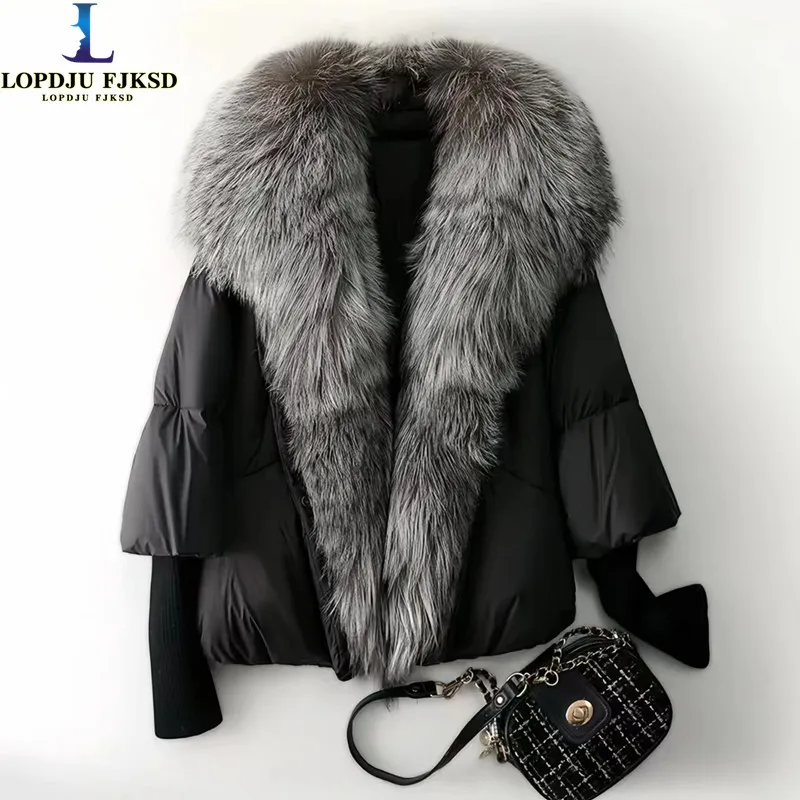 

White Duck Down Coats for Women, Silver Fox Fur Collar, Covered Button, Female Parkas, Shorts, Winter Jackets, New Fashion, 2023