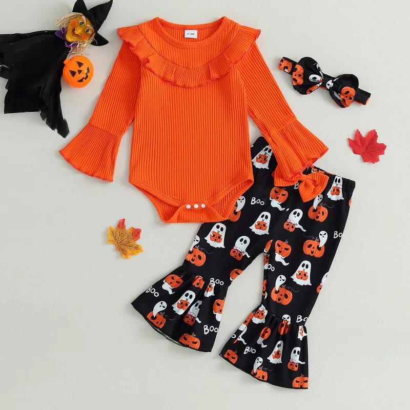 Autumn Halloween Newborn Baby Girl Pant Sets Long Sleeves Bodysuit and Ghost Pumpkin Flared Pants Headband Outfits
Autumn Halloween Newborn Baby Girl Pant Sets Long Sleeves Bodysuit and Ghost Pumpkin Flared Pants Headband Outfits