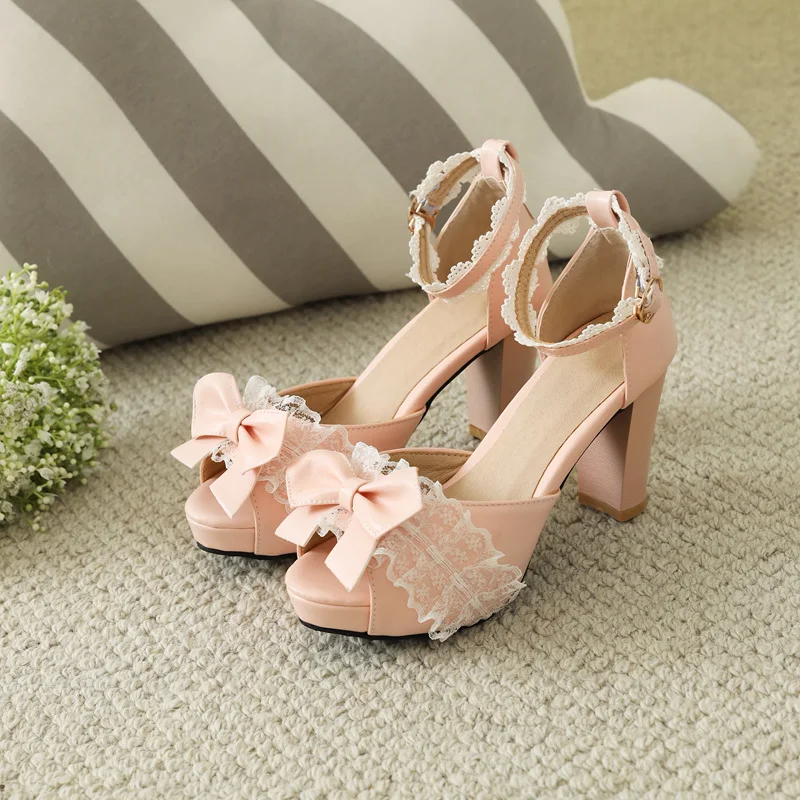 

Spring Woman Mary Jane Pumps Sweet Bow Knot Pumps Square High Heels Buckle Casual Shoes Plus Size 43 Wedding Shoes