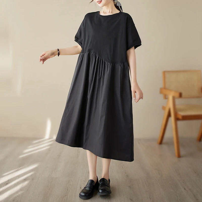 

Женское свободное платье средней длины, повседневное элегантное черное платье составного кроя в корейском и японском стиле с круглым вырезом и коротким рукавом, для работы, на лето