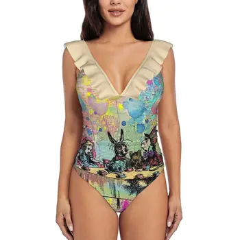 Tea Party Celebration-Alice In WomenS Ruffle One Piece Swimsuit Bodysuit One Piece Swimwear Bathing Suit Beachwear Alice In