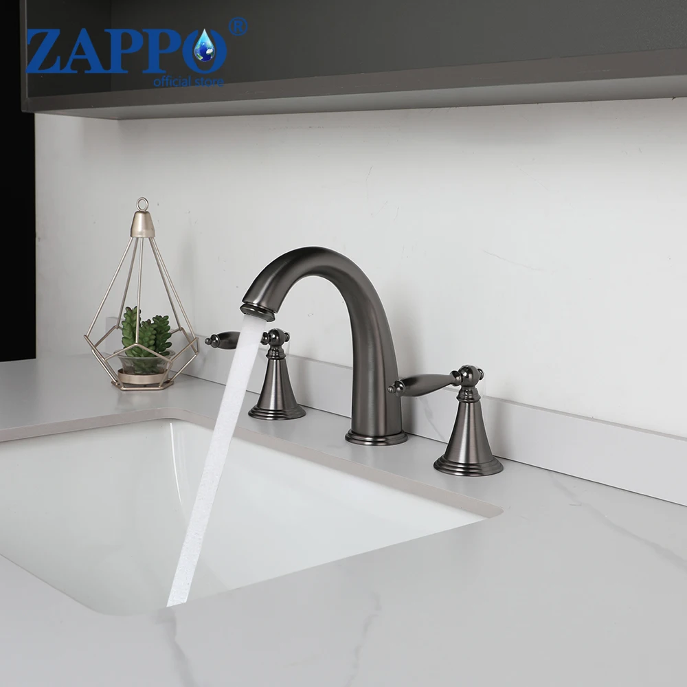 

ZAPPO Grey Bathroom Bathtub Basin Faucet 3 Pcs 2 Handles Solid Brass Faucets Deck Mounted Hot Cold Water Mixer Tap