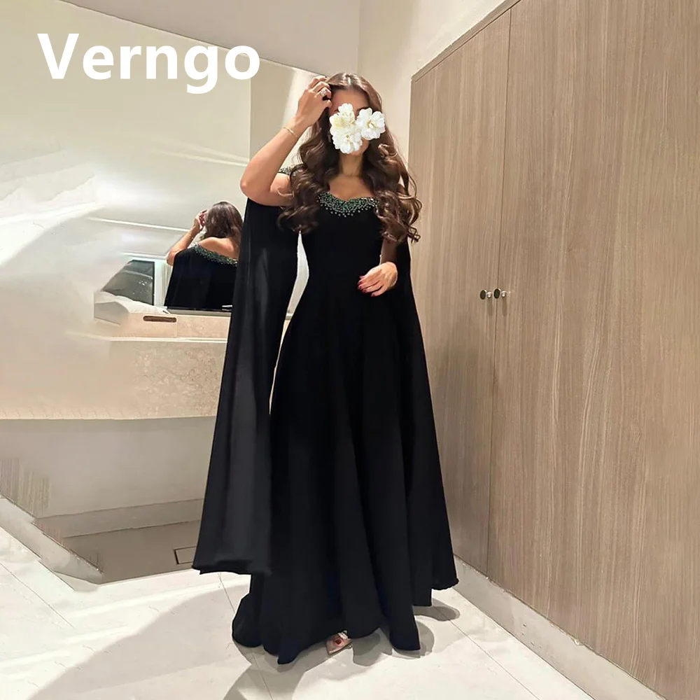

Verngo Black A Line Evening Dress For Women Saudi Arabic Sequined Party Gowns With Crape Dubai Simple Formal Dress 2024