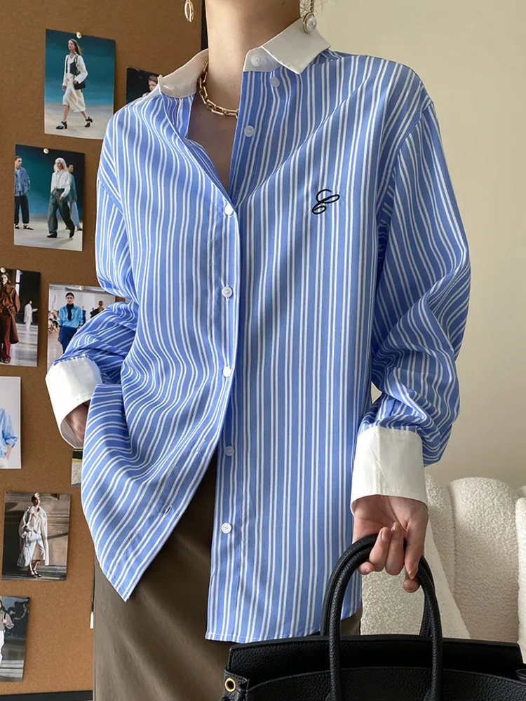 HALO Blue Striped Shirts For Women Lapel Single Breasted Color Block Shirt Office Lady Loose Chic Top 2024 Spring New
HALO Blue Striped Shirts For Women Lapel Single Breasted Color Block Shirt Office Lady Loose Chic Top 2024 Spring New