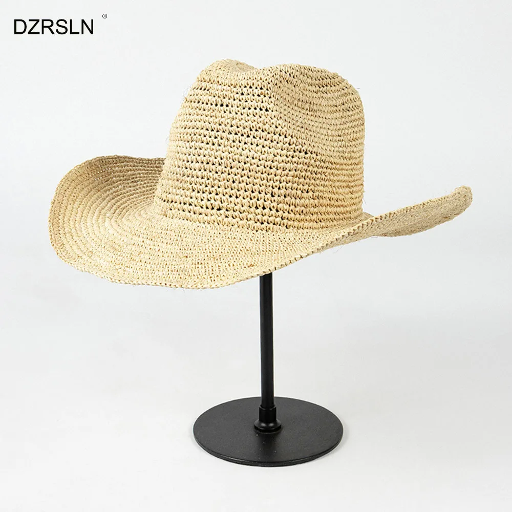 

New Raffia Cowboy Cowgirl Sun Hat Vacation Women Foldable Beach Hat Wide Brim Summer Straw Hats Ladies UV Protection Caps