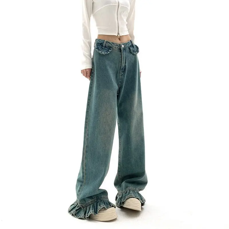 Women's Denim Pants with Straight Tube, Loose Fitting, Slim Wide Leg Pants, Patchwork Pockets, Retro Floor Mop
Women's Denim Pants with Straight Tube, Loose Fitting, Slim Wide Leg Pants, Patchwork Pockets, Retro Floor Mop