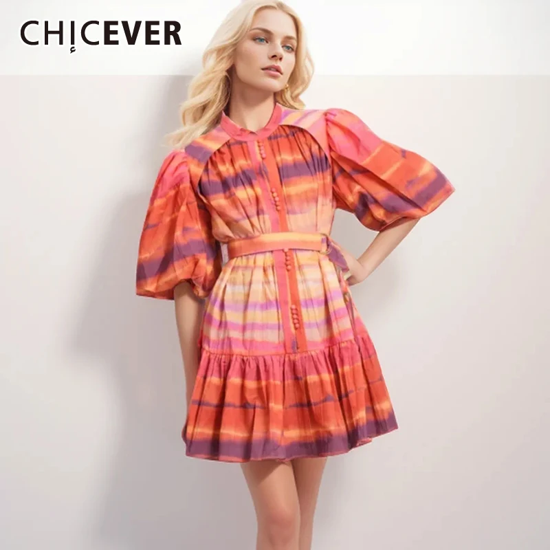 

CHICEVER Striped Print Dresses For Women Lapel Half Sleeve High Waist Single Breasted Colorblock Summer Folds Mini Dress Female