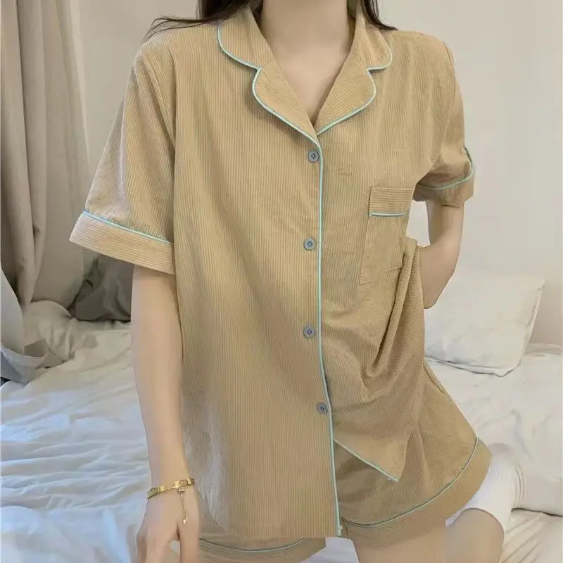 Striped Sleepwear Women Pajama Sets Summer Piiama Korean Style Sets for Women 2 Pieces Home Suit Sleep Night Wears Pyjamas New
Striped Sleepwear Women Pajama Sets Summer Piiama Korean Style Sets for Women 2 Pieces Home Suit Sleep Night Wears Pyjamas New