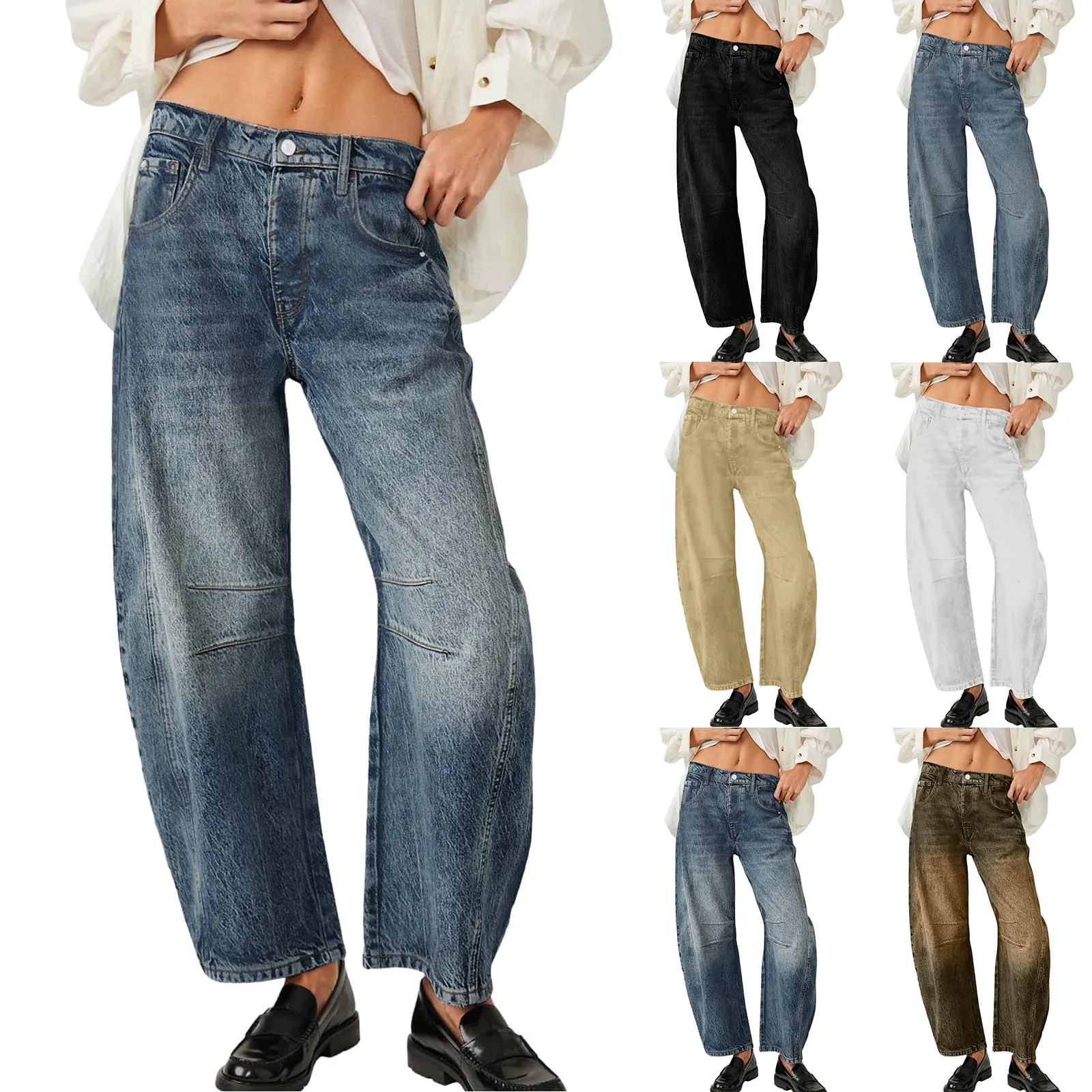

Mid Rise Barrel Jeans For Women Wide Leg Mid Waist Cropped Denim Pants Baggy Boyfriend Jeans With Pockets High Waist Denim Pants