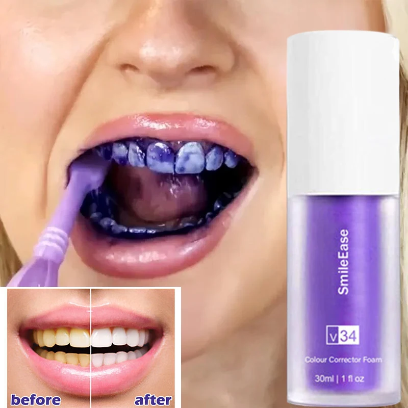 

Новинка, мусс для очищения зубов V34, фиолетовая отбеливающая зубная паста, удаление пятен, уменьшение пожелтения, уход за зубами и деснами, свежий запах дыхания